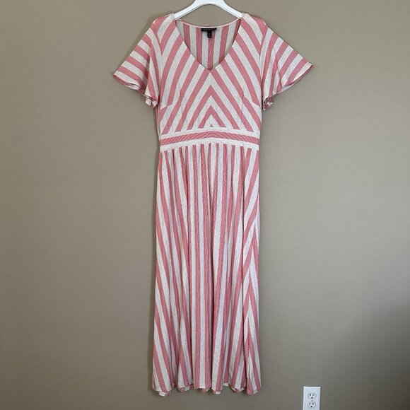 Lane Bryant 14 16 Short Sleeve Chevron Stripe Maxi Dress Coral Flutter Sleeve - Picture 2 of 10